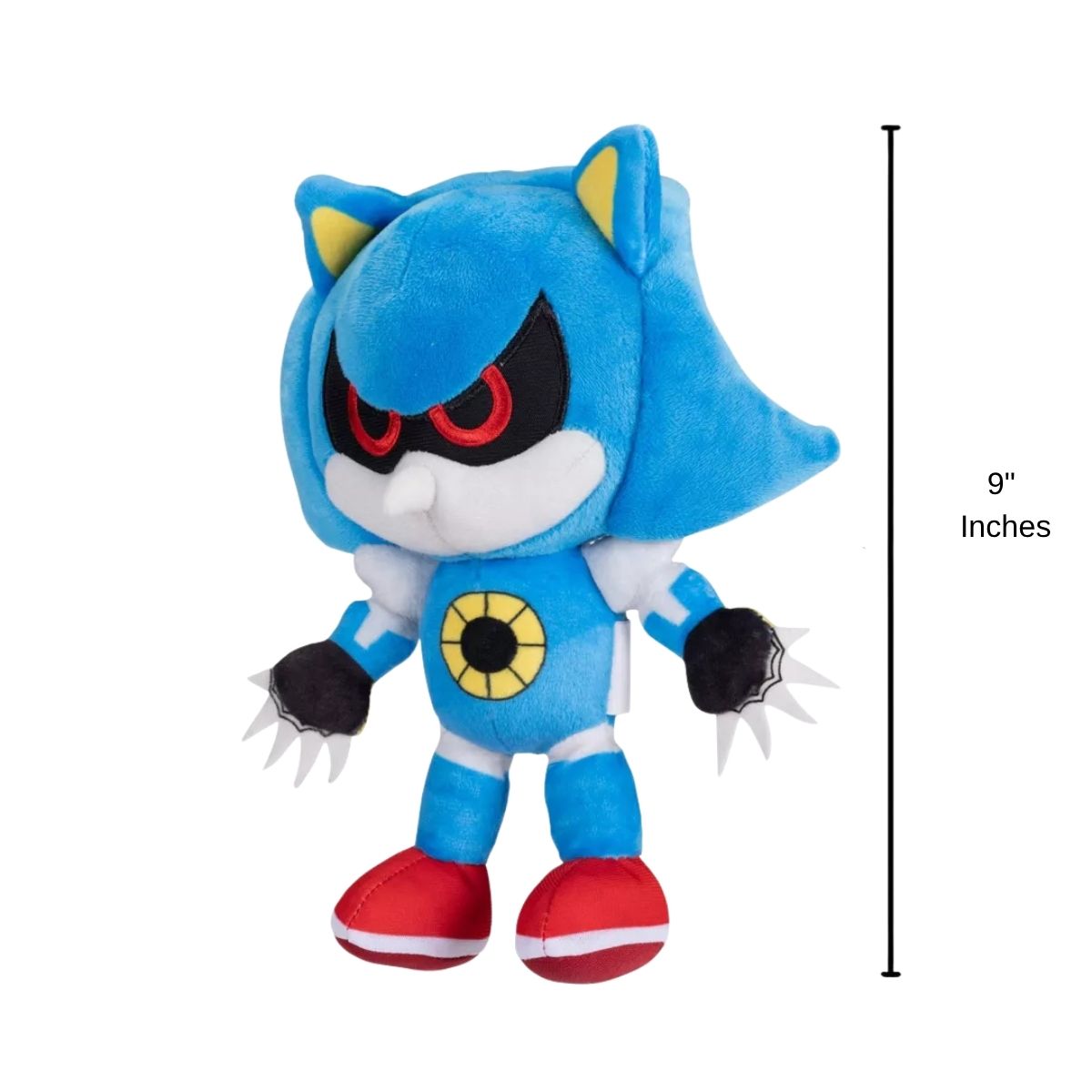 Front view of Metal Sonic plush standing next to a 9-inch height measurement graphic.