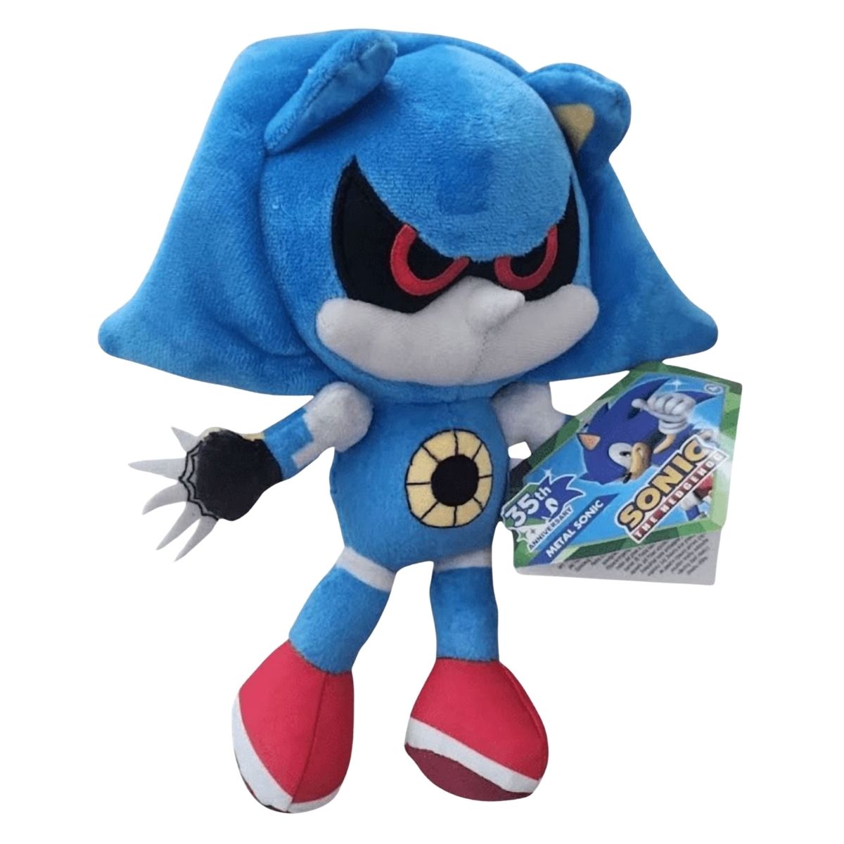 Metal Sonic 9-inch plush toy showing official Sonic the Hedgehog 35th Anniversary hangtag.
