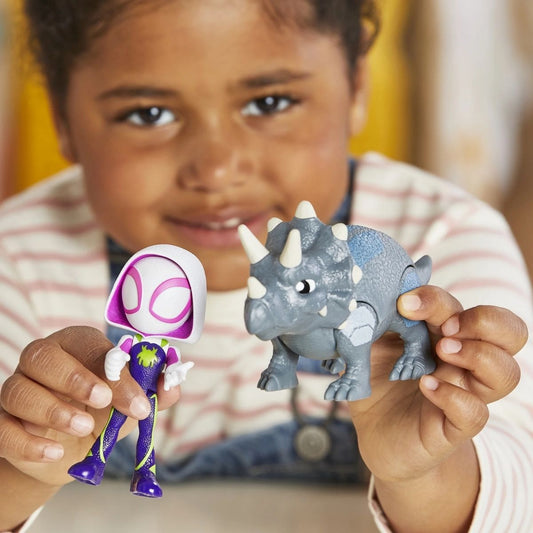 Close-up view thumbnail of a young child holding the Ghost-Spider figure and Rhino Dino toy.
