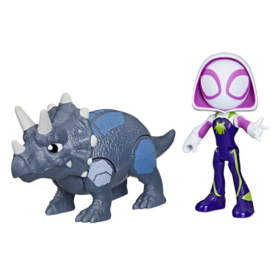 Marvel Spidey and His Amazing Friends Dino-Webs Ghost-Spider figure standing next to grey Rhino Dino Triceratops figure.