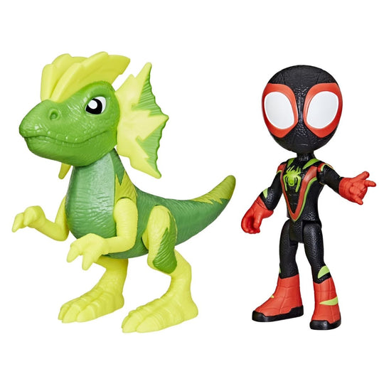 Front view of the Marvel Spidey and His Amazing Friends Miles Spin Morales action figure standing next to his green and yellow Electrosaurus toy.