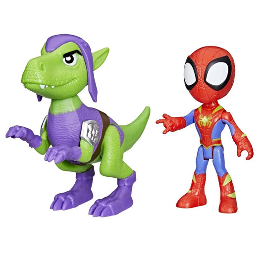 Front view of the Marvel Spidey and His Amazing Friends Spidey action figure standing next to a green and purple Goblin Raptor dinosaur toy.