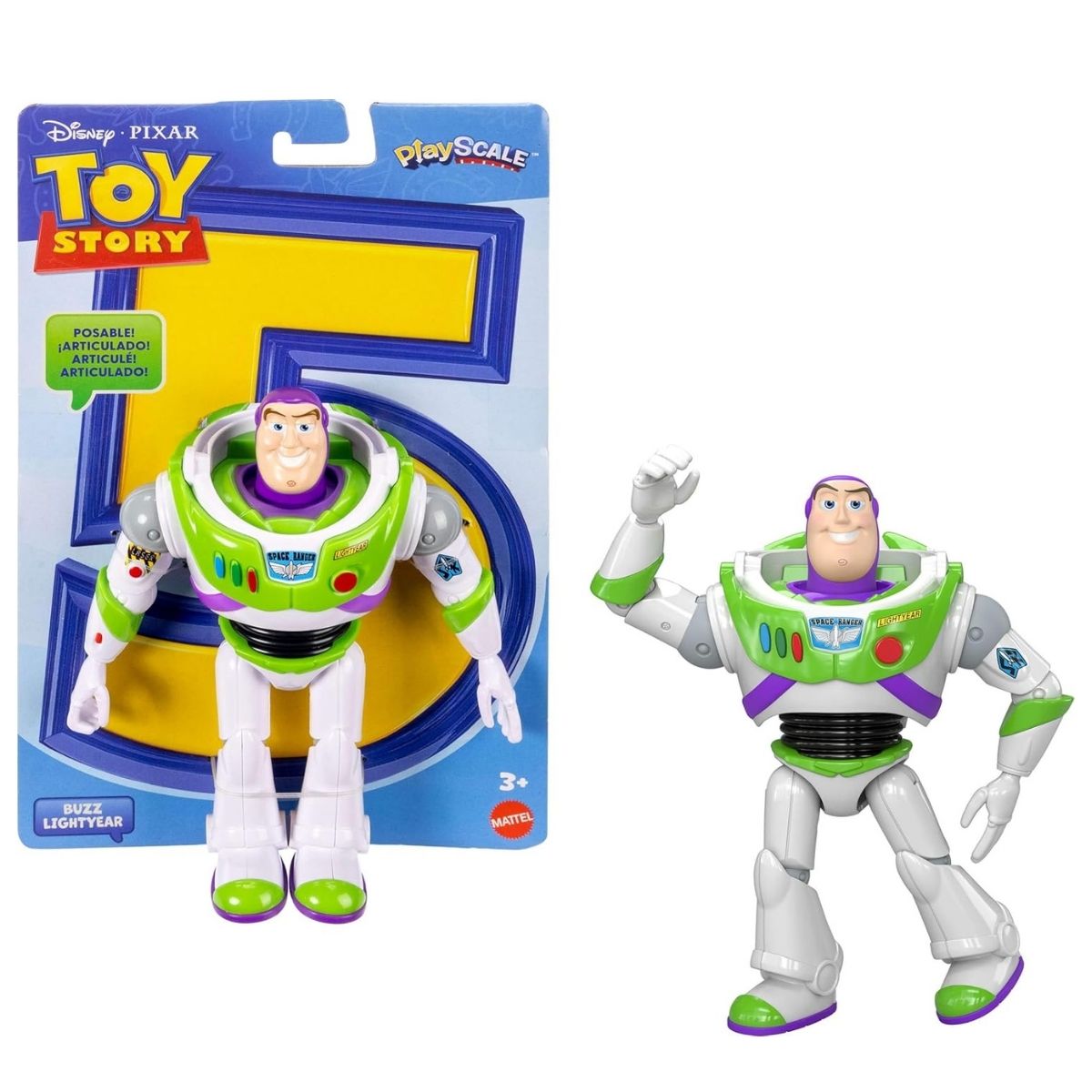 Mattel Disney and Pixar Toy Story 5 Buzz Lightyear 7-inch action figure packaging card next to unboxed figure with raised arm.