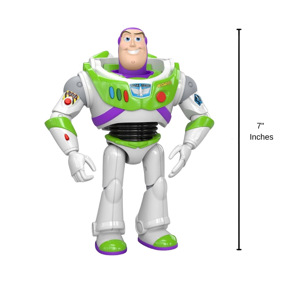 Full front view thumbnail of Buzz Lightyear action figure standing upright with 7-inch height measurement graphic indicator.