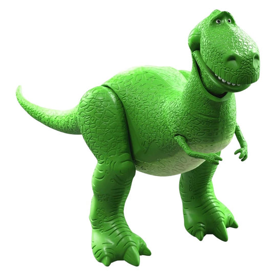Mattel Disney and Pixar Toy Story 5 Rex 7.2-inch green dinosaur action figure standing in a three-quarter display angle.