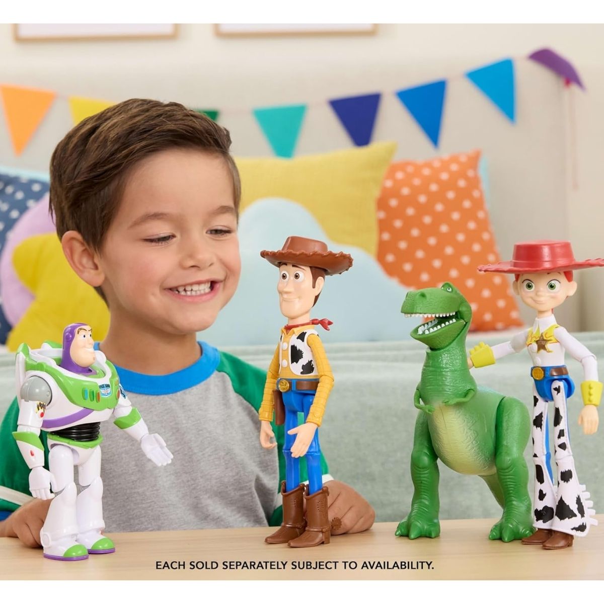 Lifestyle thumbnail showing a young boy playing with Woody and other Toy Story 5 action figures.
