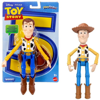 Mattel Disney and Pixar Toy Story 5 Woody 9.2-inch action figure in packaging alongside unboxed figure standing with removable cowboy hat.
