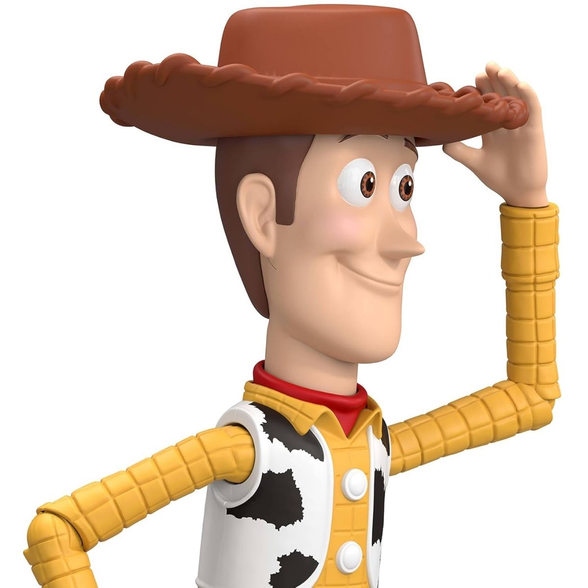 Close-up view thumbnail of Woody figure adjusting the brim of his brown cowboy hat.