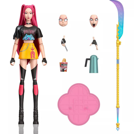 Mattel Kpop Demon Hunters HUNTR/X Mira 6.2-inch action figure set with Curved Moon Sword, extra faces, hands, tea kettle, ramyeon, and pink stand.