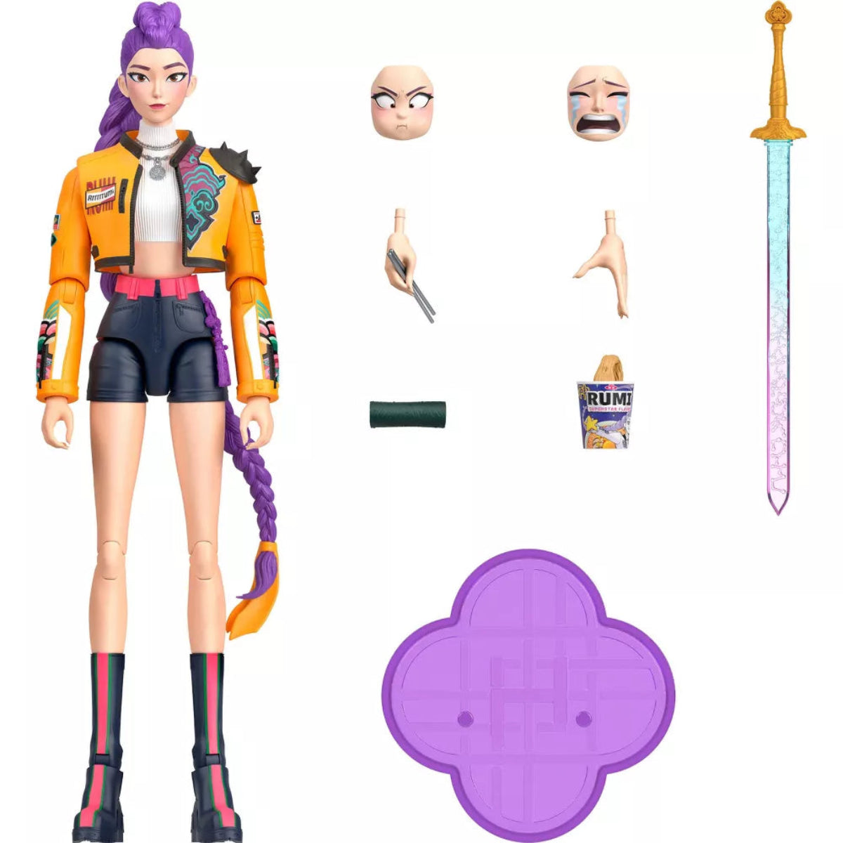 Mattel Kpop Demon Hunters HUNTR/X Rumi 6.2-inch action figure with Four Tiger Sword, swappable faces, hands, kimbap, ramyeon, and purple stand.