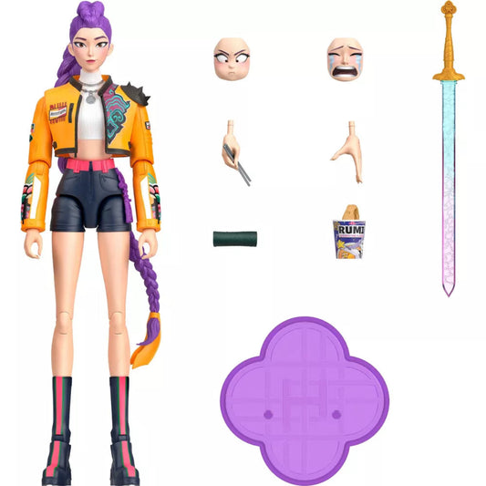 Mattel Kpop Demon Hunters HUNTR/X Rumi 6.2-inch action figure with Four Tiger Sword, swappable faces, hands, kimbap, ramyeon, and purple stand.