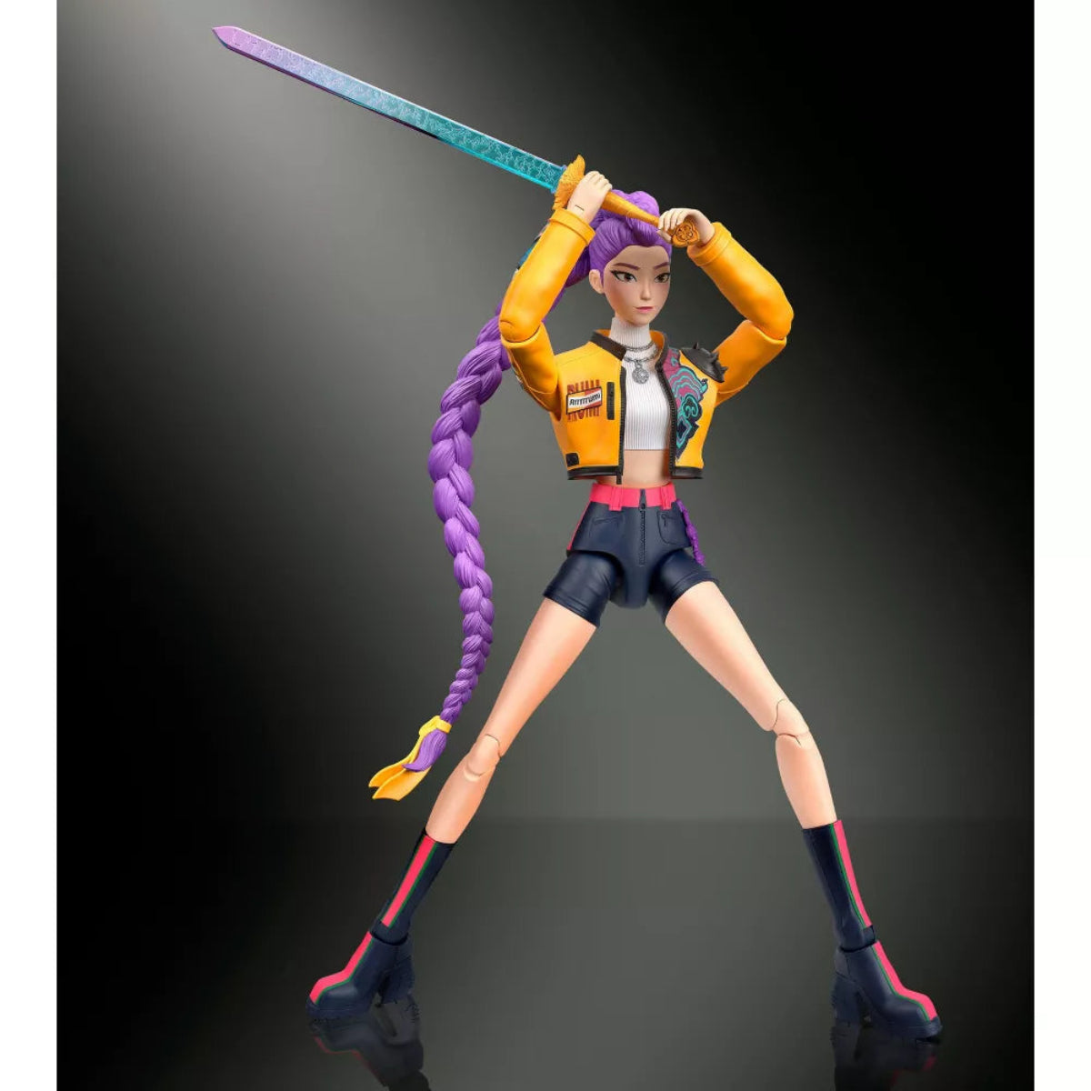 Rumi 6.2-inch action figure wielding Four Tiger Sword overhead in a dynamic combat stance.