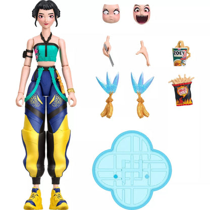 Mattel Kpop Demon Hunters HUNTR/X Zoey 6-inch action figure set with Spirit Blades, extra faces, hands, ramyeon, shrimp chips, and blue stand.