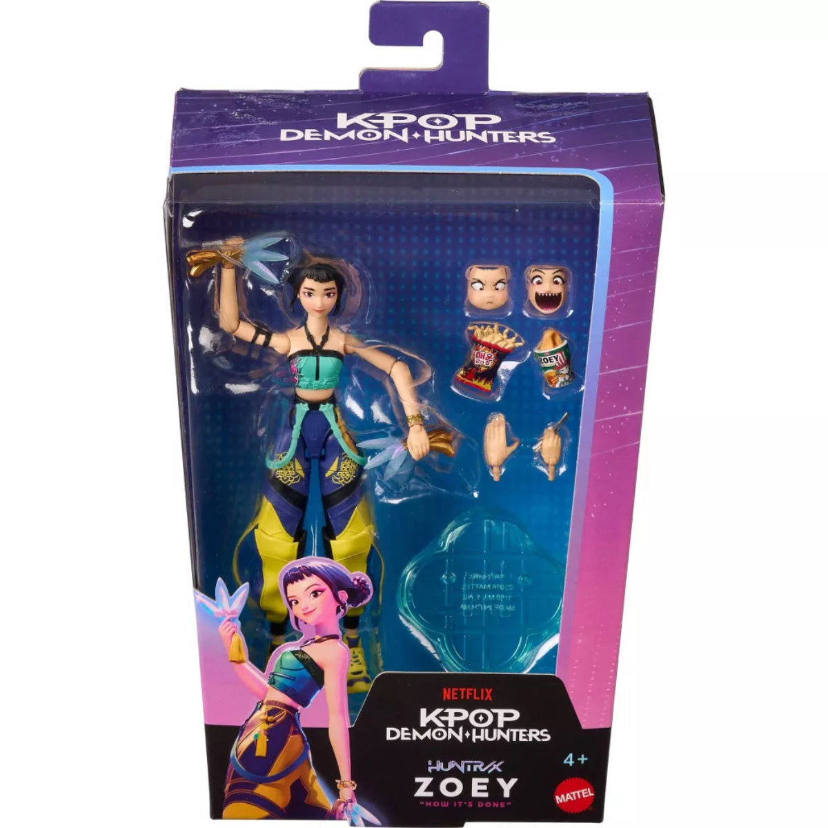 Front view of retail window box packaging for Mattel Kpop Demon Hunters HUNTR/X Zoey 6-inch action figure.
