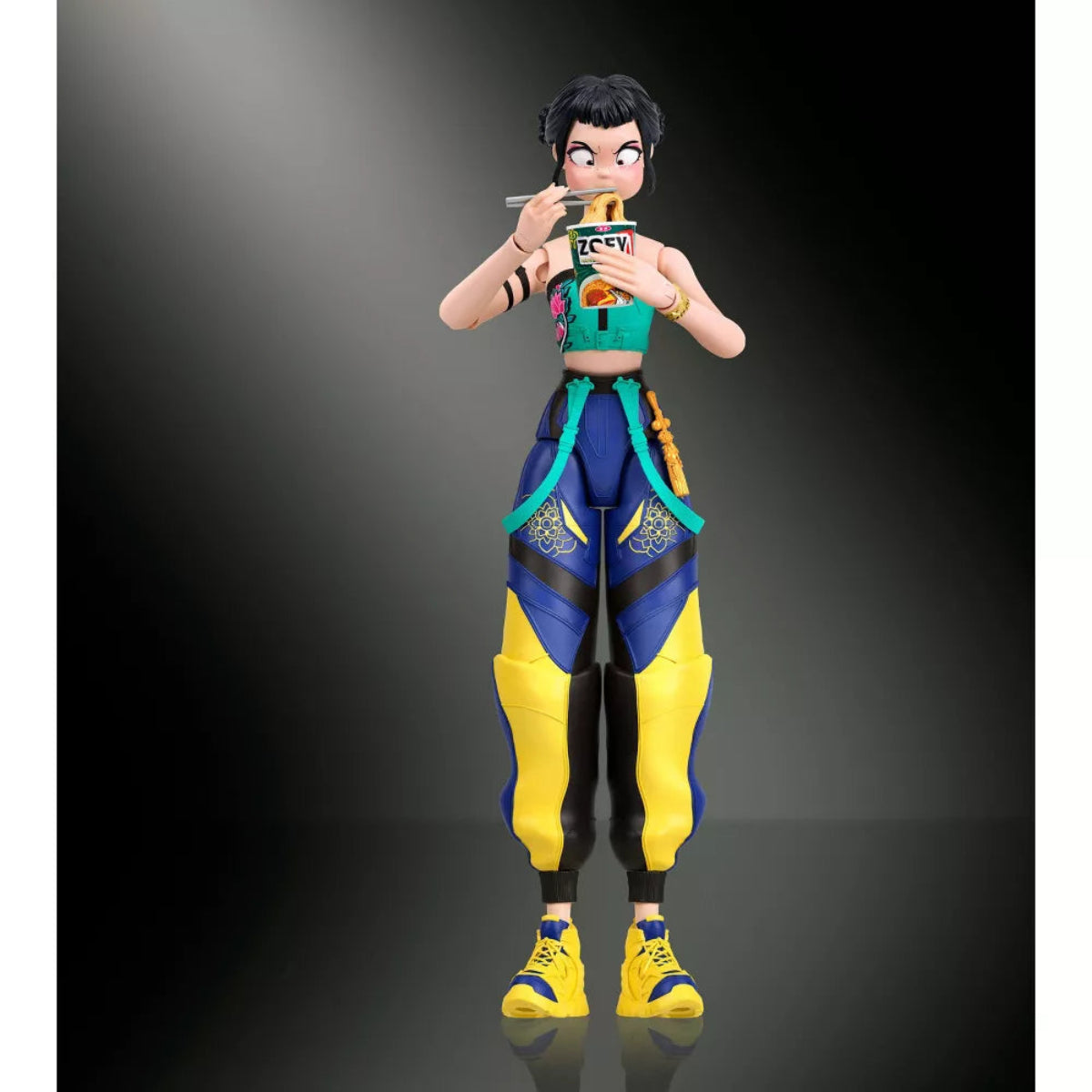 Zoey action figure holding her ramyeon cup and shrimp chips snack accessories.