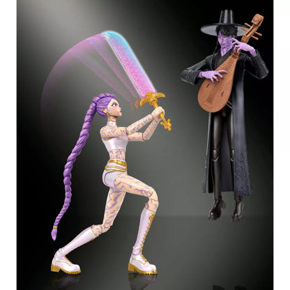 Action pose of Rumi holding Four Tiger Sword next to Jinu playing bipa instrument.