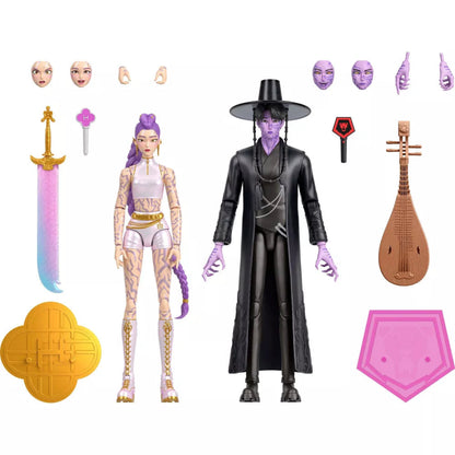 Mattel Kpop Demon Hunters Rumi and Jinu Final Battle action figure 2-pack with accessories, swappable heads, hands, and display stands.