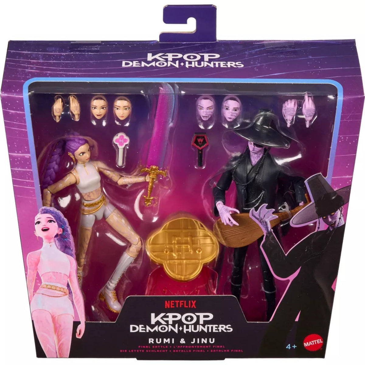 Front view of retail window box packaging for Mattel Kpop Demon Hunters Rumi and Jinu 2-pack.