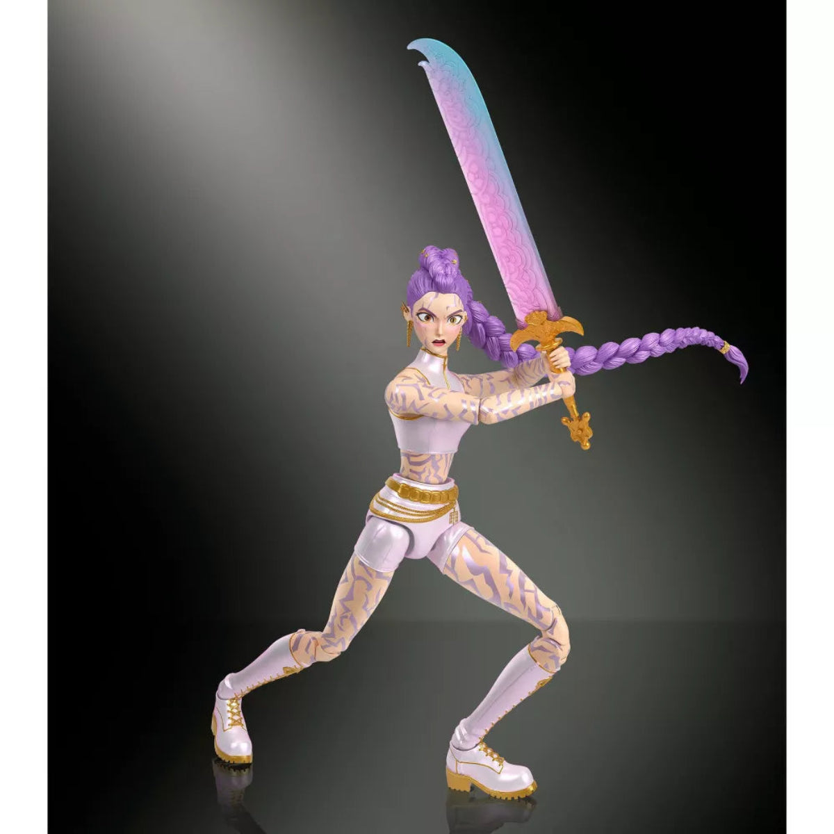 Rumi action figure holding Four Tiger Sword in a dynamic battle stance.
