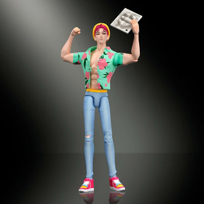 Abby action figure flexing both arms while holding his autograph card.