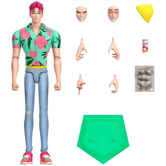 Mattel Kpop Demon Hunters SAJA BOYS Abby 6-inch action figure set with swappable faces, extra hands, beanie, soda, abs accessory, and green stand.