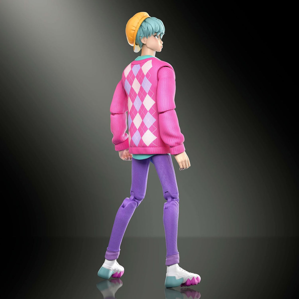 Back view thumbnail of Mattel K-Pop Demon Hunters Baby action figure showing pink argyle sweater and purple pants.