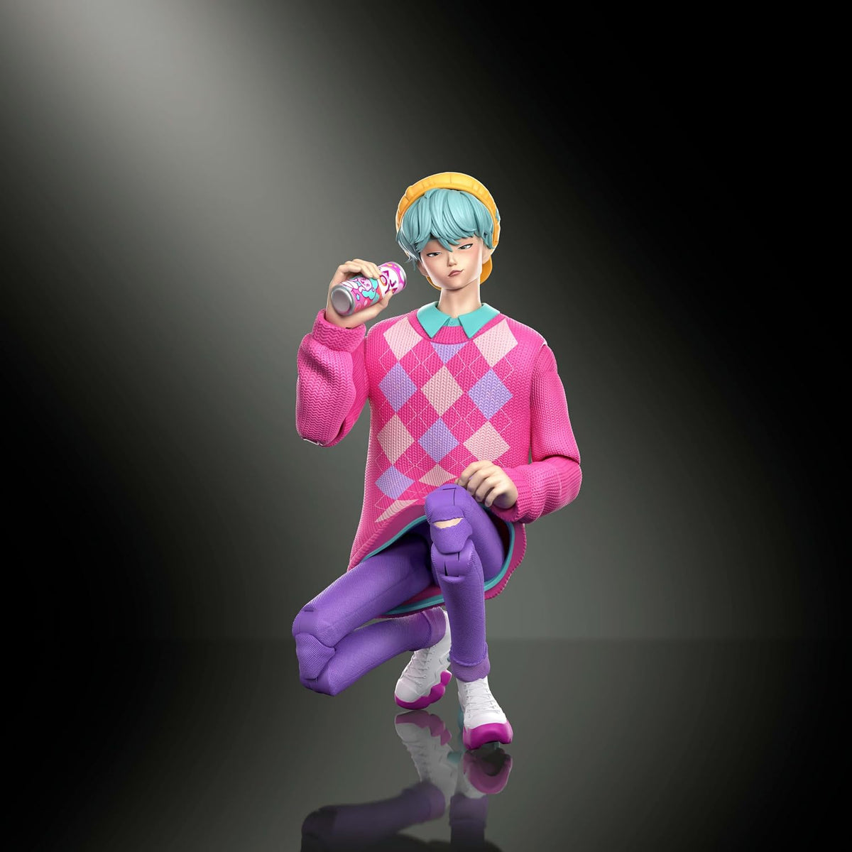 Mattel K-Pop Demon Hunters Baby action figure crouching and holding drink can accessory.