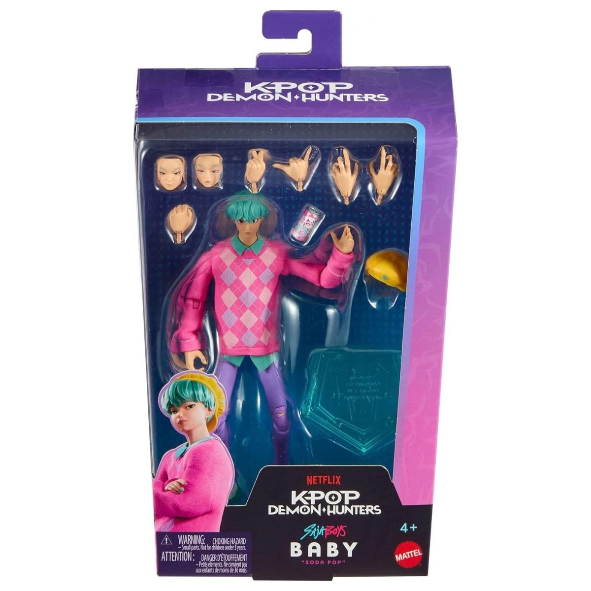 Front window box packaging for Mattel K-Pop Demon Hunters SAJA BOYS Baby 6-inch action figure.