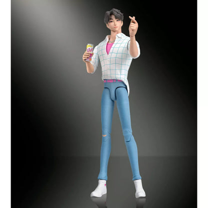 Jinu action figure giving a finger heart gesture while holding a soda can.