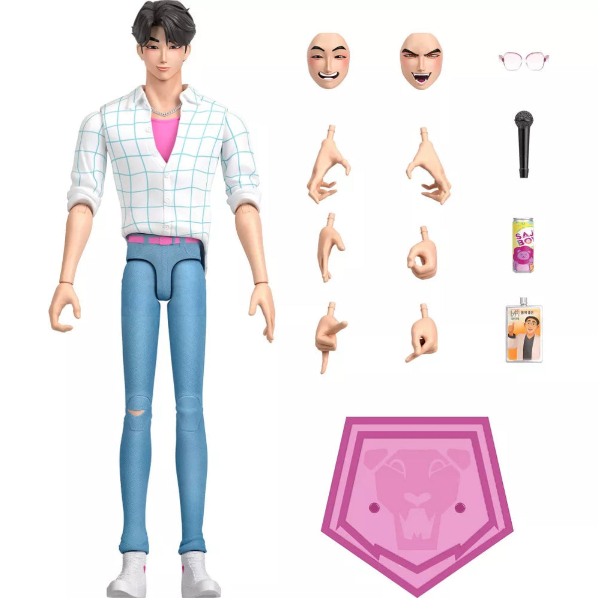 Mattel Kpop Demon Hunters SAJA BOYS Jinu 6-inch action figure set with swappable faces, extra hands, microphone, sunglasses, soda can, juice pack, and pink stand.