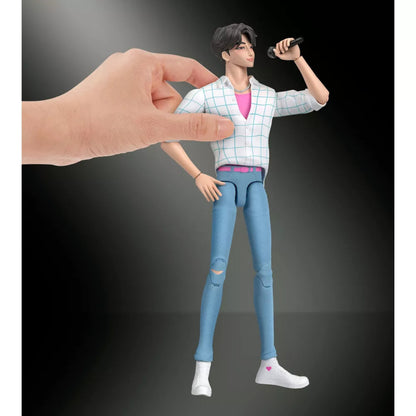 Hand posing Jinu 6-inch action figure holding microphone near his face.