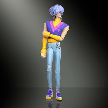 Side angled view of Mattel K-Pop Demon Hunters Mystery action figure showing purple vest and yellow arm sleeves.