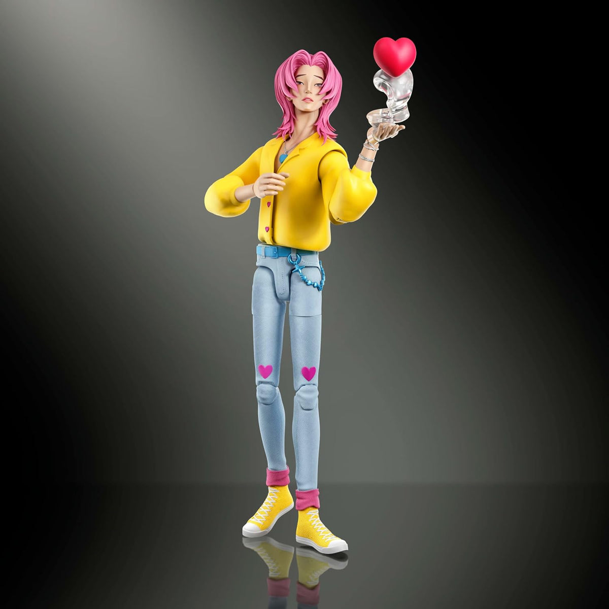 Romance action figure holding chibi-style pink heart accessory in articulated pose.