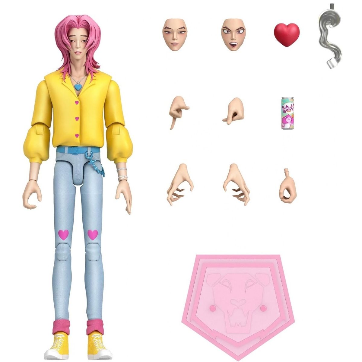 Mattel K-Pop Demon Hunters SAJA BOYS Romance 6.6-inch action figure with soda can, pink heart, and extra hands.