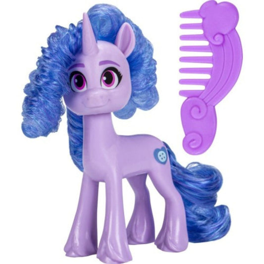 Front view thumbnail of Izzy Moonbow purple unicorn pony figure standing next to her purple styling comb accessory.