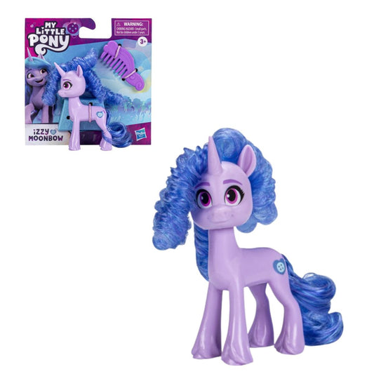 My Little Pony A New Generation Izzy Moonbow 3-inch figure packaging card next to unboxed purple unicorn pony figure with curly blue hair.