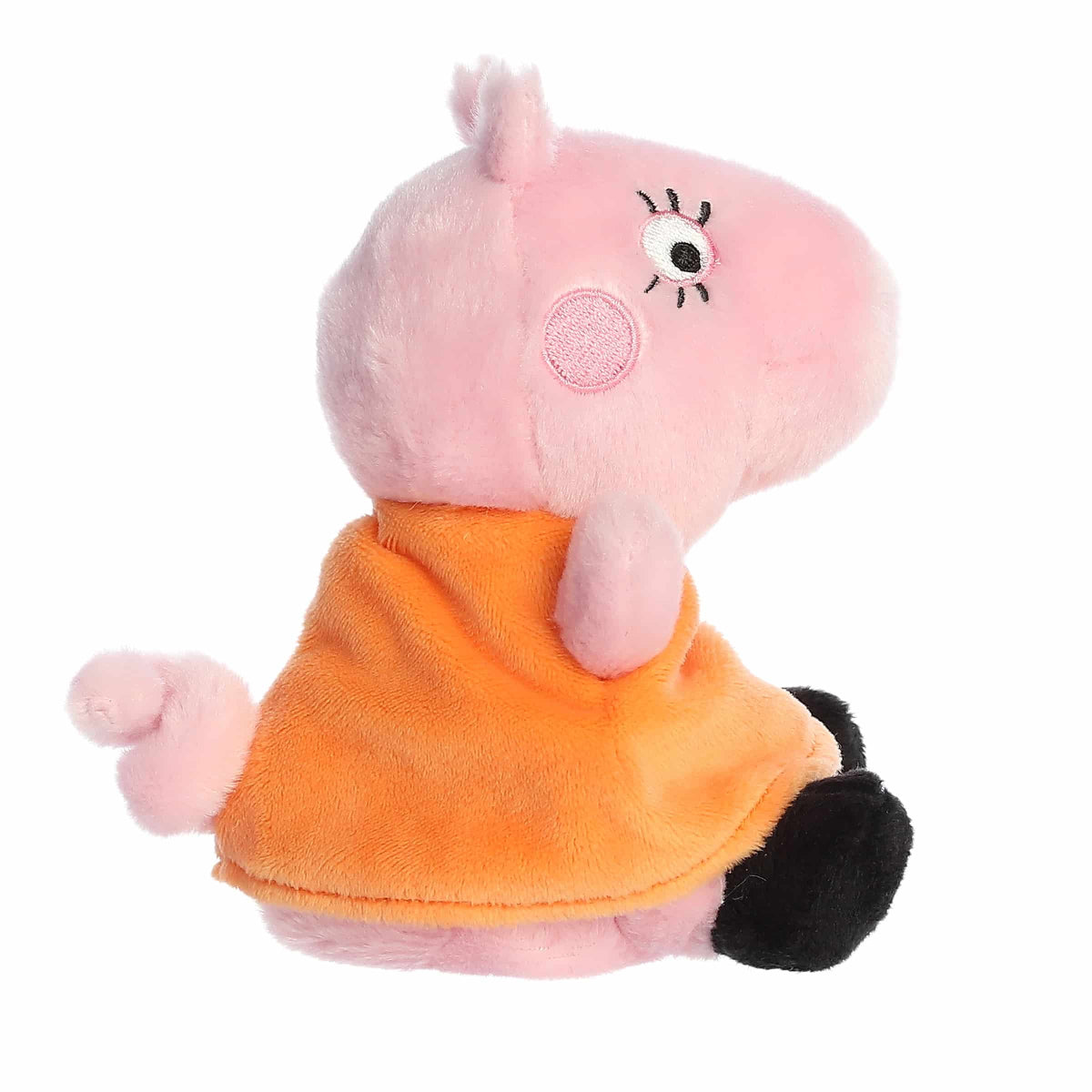 Plush toy of a pink character with an orange outfit on a white background