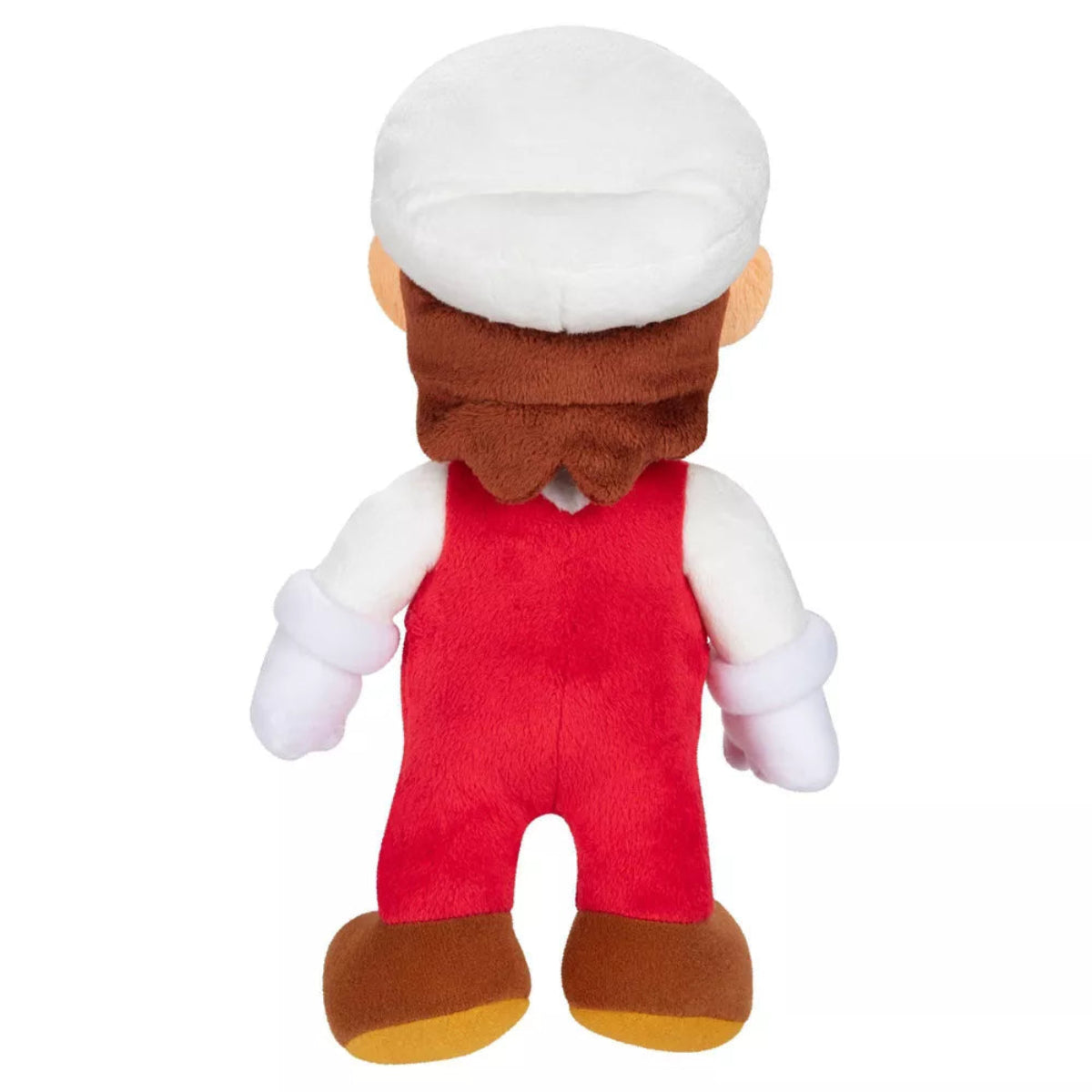 Back view of Fire Mario stuffed animal plush showing white cap and red overalls.
