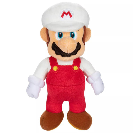 Front standing view of Nintendo Super Fire Mario 9-inch stuffed animal plush in red overalls and white cap.