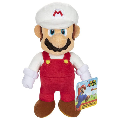 Super Fire Mario 9-inch plush showing attached official Nintendo Super Mario product tag.