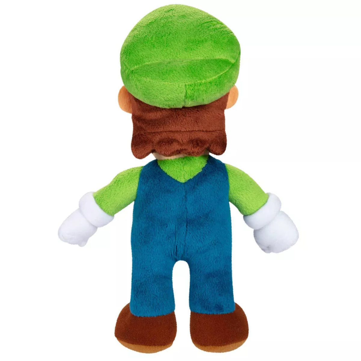 Back view of Luigi stuffed animal plush showing green cap and blue overalls.