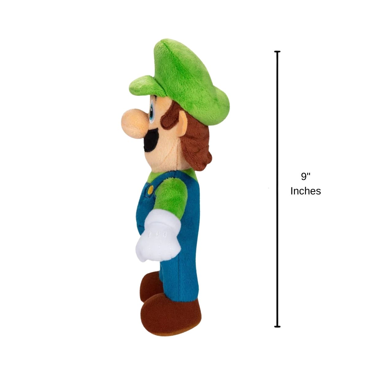 Nintendo Super Mario Luigi stuffed animal plush with 9-inch height scale measurement graphic.