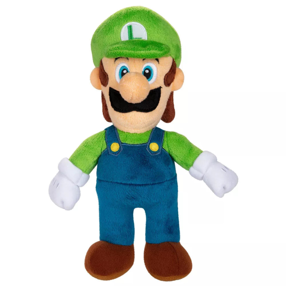 Front standing view of Nintendo Super Mario Luigi 9-inch stuffed animal plush in blue overalls and green cap.