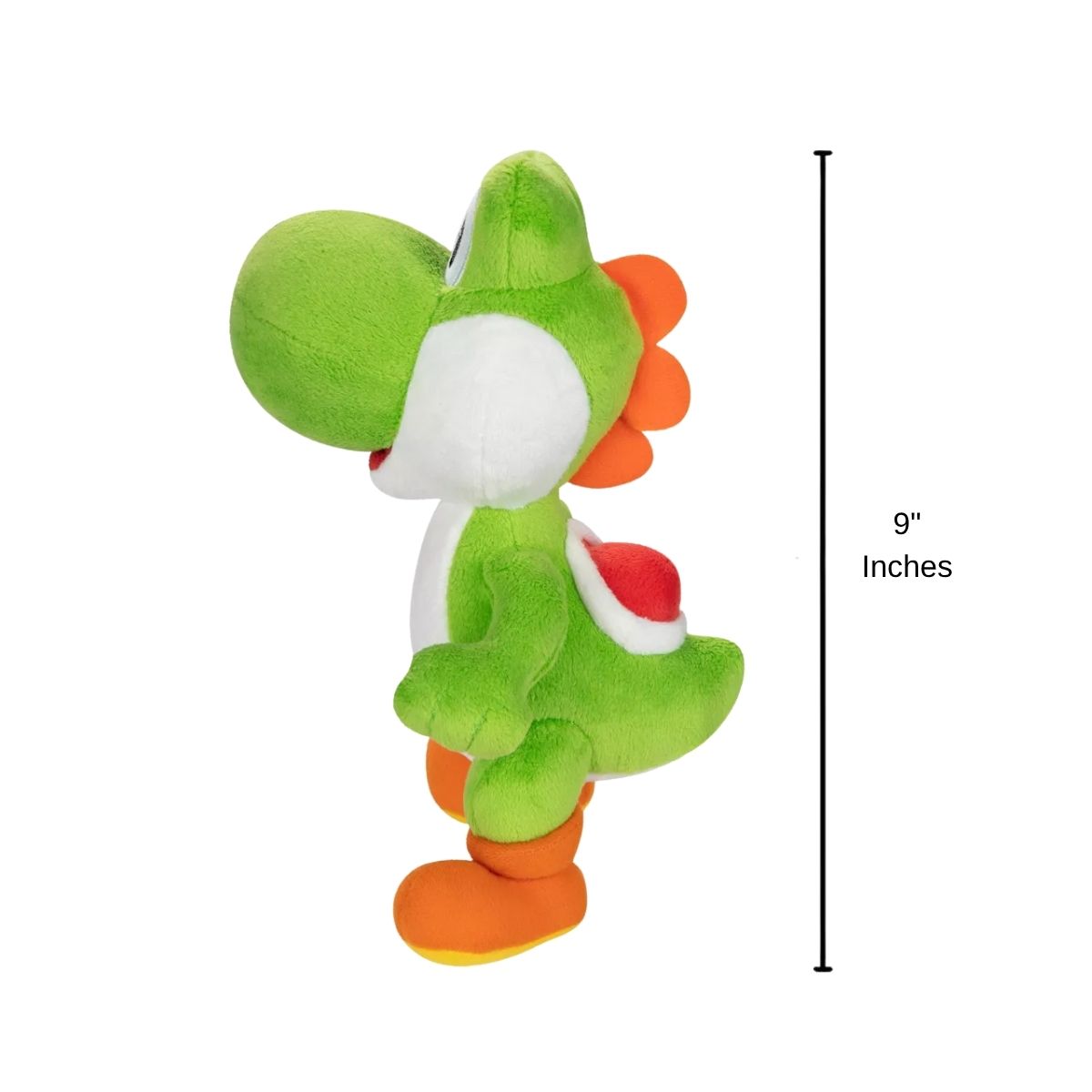 Nintendo Super Mario Yoshi stuffed animal plush with 9-inch height scale measurement graphic.