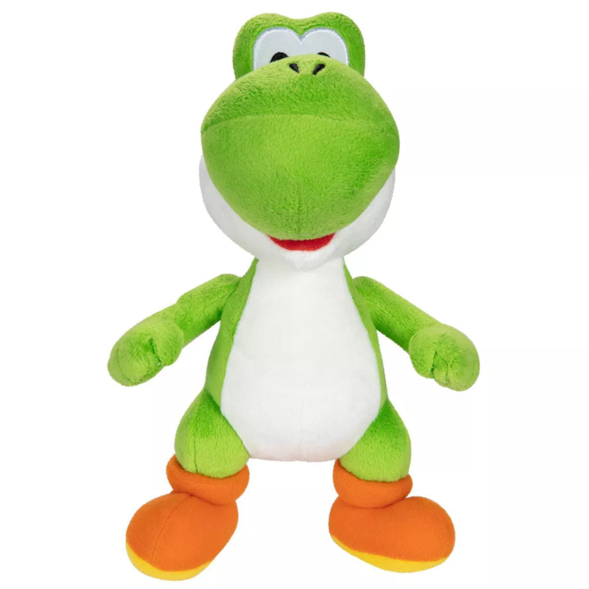 Front standing view of Nintendo Super Mario Yoshi 9-inch stuffed animal plush with orange boots.