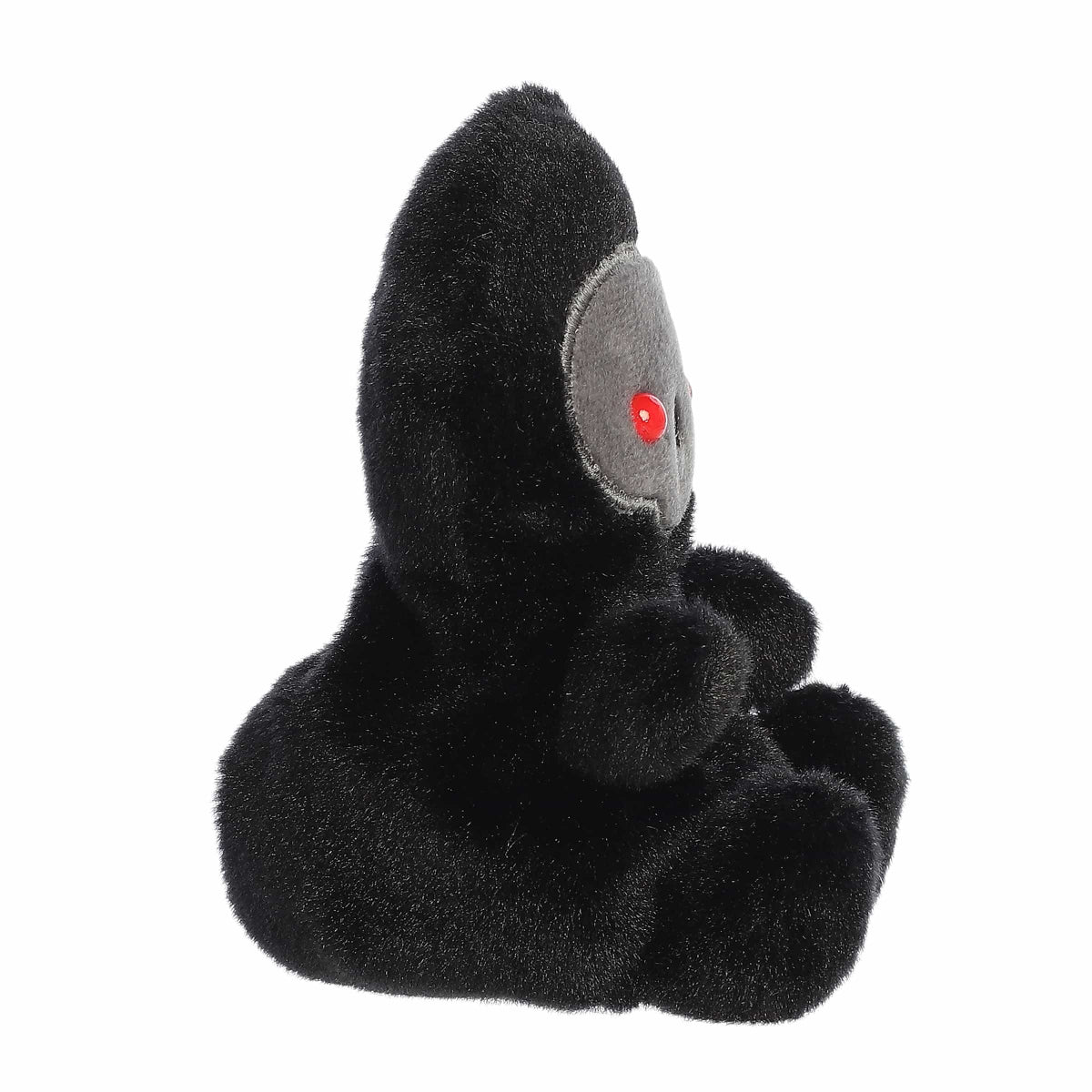 Black plush toy with a gray face and red nose on a white background