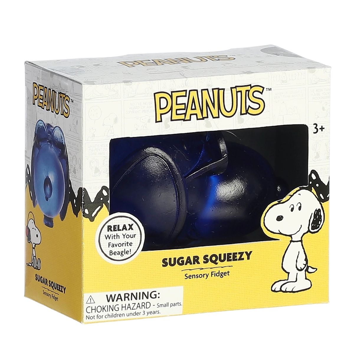 Peanuts window box display packaging for Snoopy Joe Cool Sugar Squeezy sensory toy.