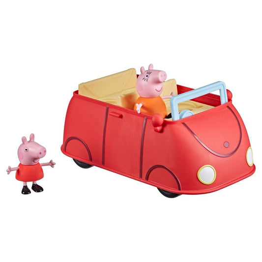 Side view thumbnail of the red family car with Mummy Pig seated in the driver's seat and Peppa Pig standing next to it.