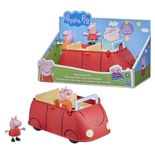 Peppa Pig Peppa's Club Family Red Car playset packaging box next to red convertible toy vehicle with Mummy Pig and Peppa figures.