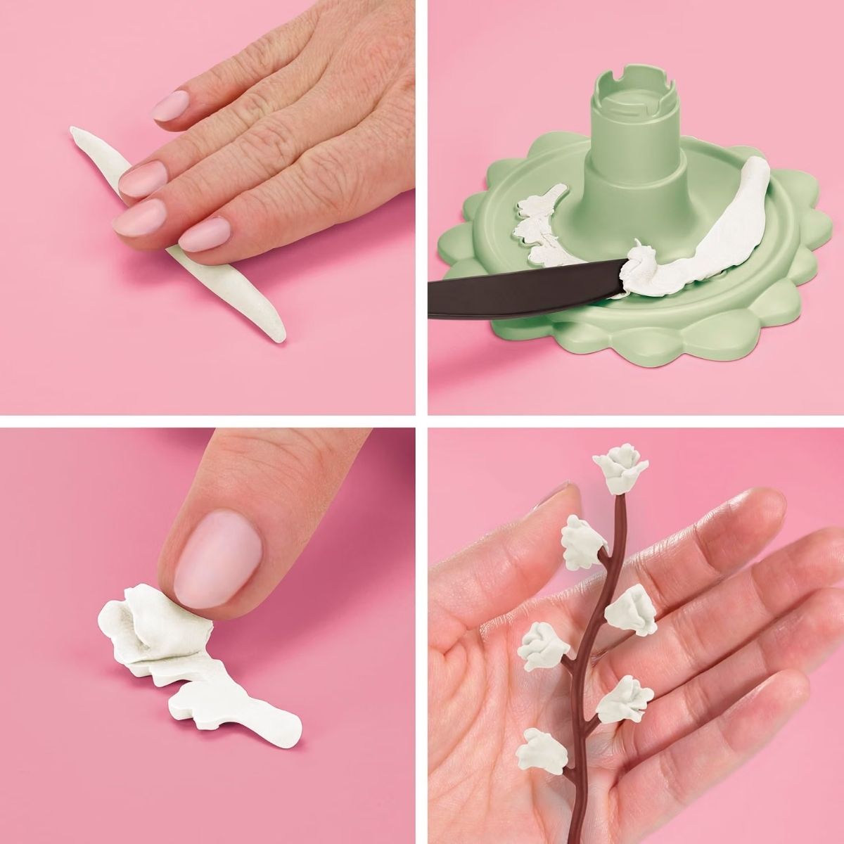 Hands rolling and shaping white Play-Doh stem accents and small buds.